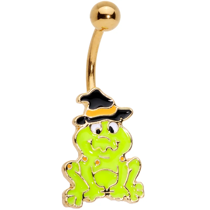 Unique Belly Rings with Personalized Touch -Gold Tone Ghastly Green Frog Witch Hat Halloween Belly Ring