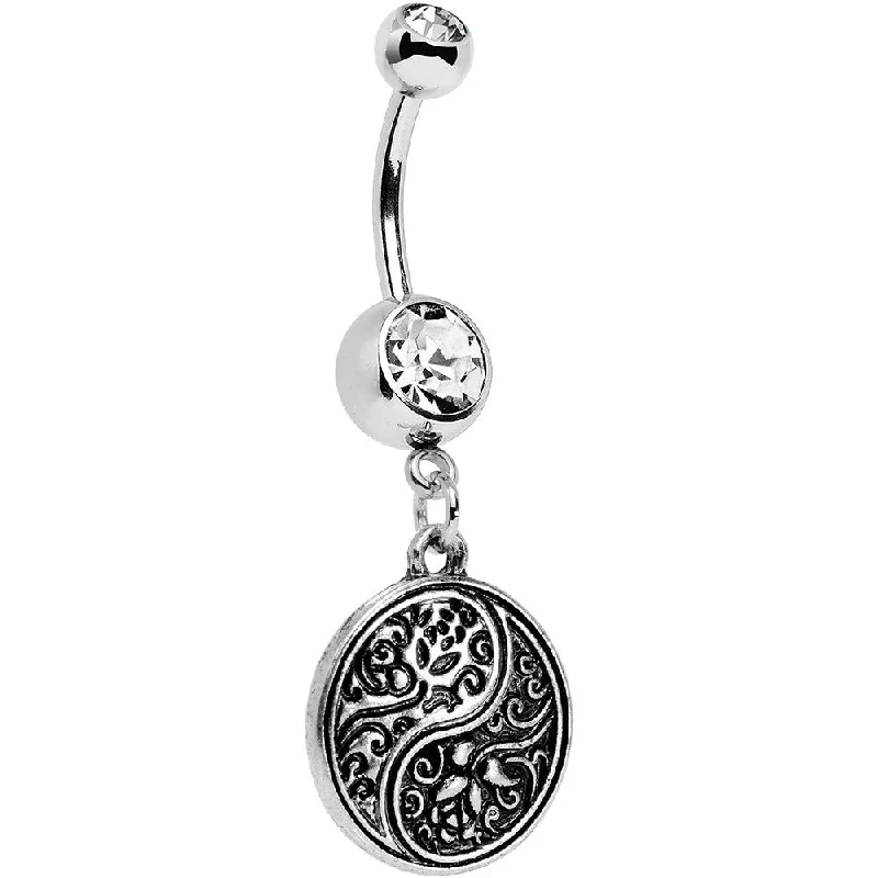 Designer Belly Rings for Dazzling Effect -Clear Gem Floral Fantasy Yin Yang Disc Dangle Belly Ring Designer Belly Rings for Dazzling Effect -Clear Gem Floral Fantasy Yin Yang Disc Dangle Belly Ring