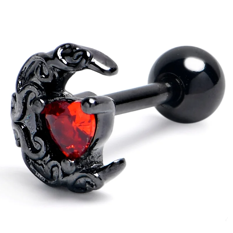 Women's Earrings – Elegant Designs for Every Personality--16 Gauge 1/4 Red Gem Black Heart Scroll Moon Cartilage Tragus Earring