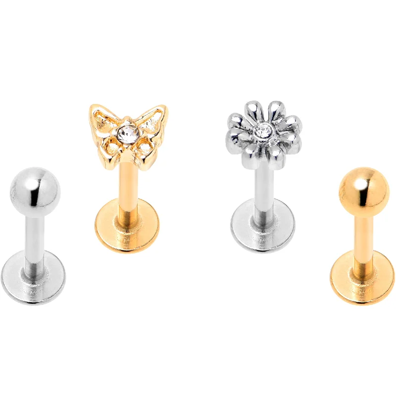 Lip Rings for Classic Everyday Fashion16 Gauge 5/16 Clear Gem Gold Tone Flower Butterfly Labret Set of 4