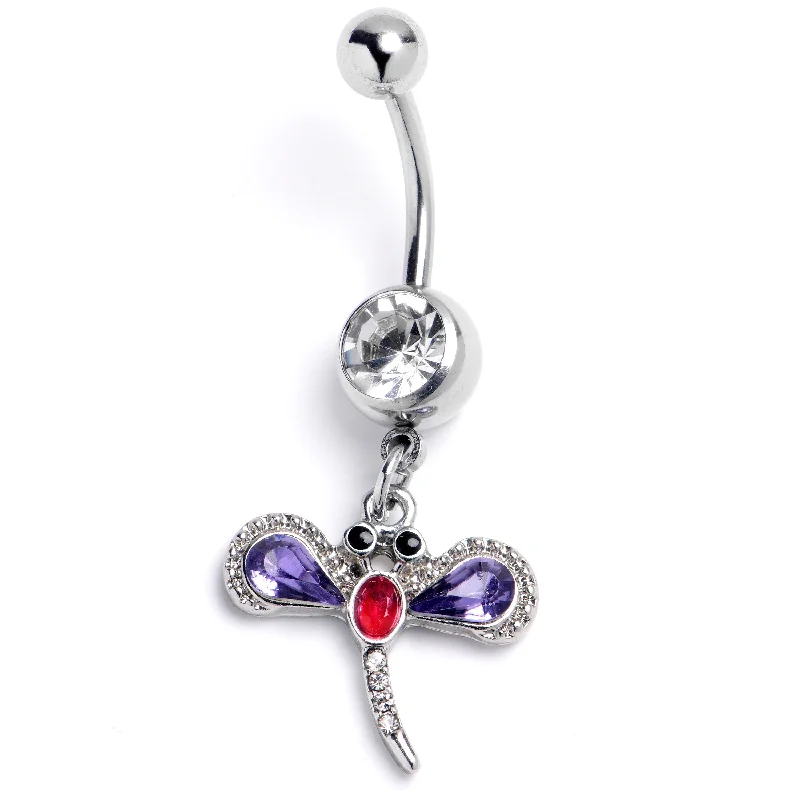 Beautiful Belly Rings for Glamorous Effect -Clear Purple Gem Embellished Dragonfly Dangle Belly Ring Beautiful Belly Rings for Glamorous Effect -Clear Purple Gem Embellished Dragonfly Dangle Belly Ring