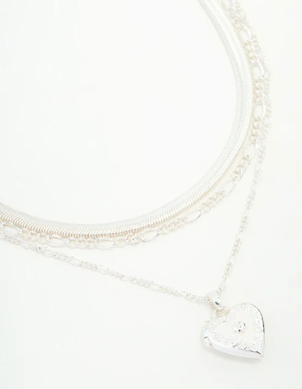 Shop Classic Women's Necklaces & Pendants with a Modern Twist-Silver Chain & Figaro Heart Locket Layered Necklace Shop Classic Women's Necklaces & Pendants with a Modern Twist-Silver Chain & Figaro Heart Locket Layered Necklace