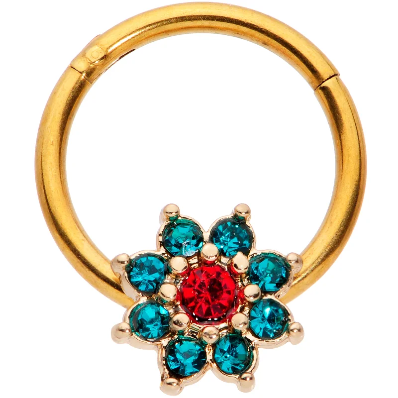 Nose Rings for Edgy Look -16 Gauge 5/16 Red Gem Gold Tone Christmas Flower Hinged Segment Ring Nose Rings for Edgy Look -16 Gauge 5/16 Red Gem Gold Tone Christmas Flower Hinged Segment Ring