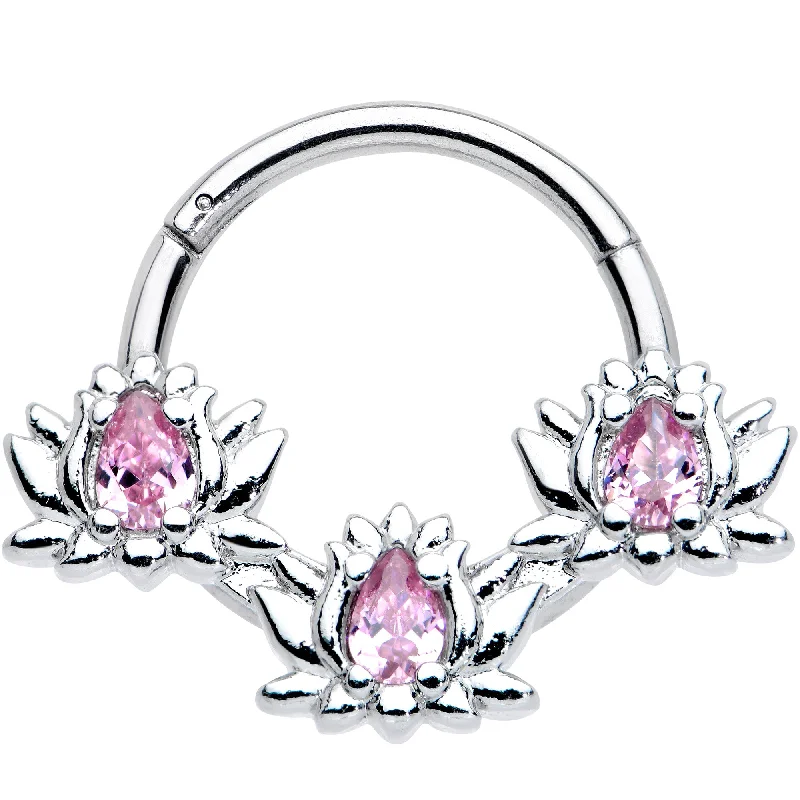 Nose Rings for Men and Women -16 Gauge 3/8 Pink CZ Gem Triple Lotus Hinged Segment Ring Nose Rings for Men and Women -16 Gauge 3/8 Pink CZ Gem Triple Lotus Hinged Segment Ring