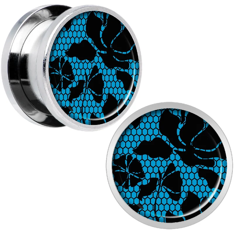 Women's Earrings – Elegant Designs for Every Personality--Blue Floral Lace Steel Screw Fit Plug Set 9/16
