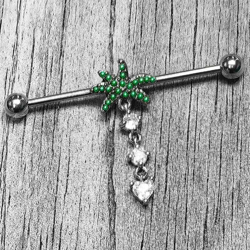 Women's Earrings – Elegant Designs for Every Personality--14 Gauge Clear Gem Palm Tree Love Dangle Industrial Barbell 38mm