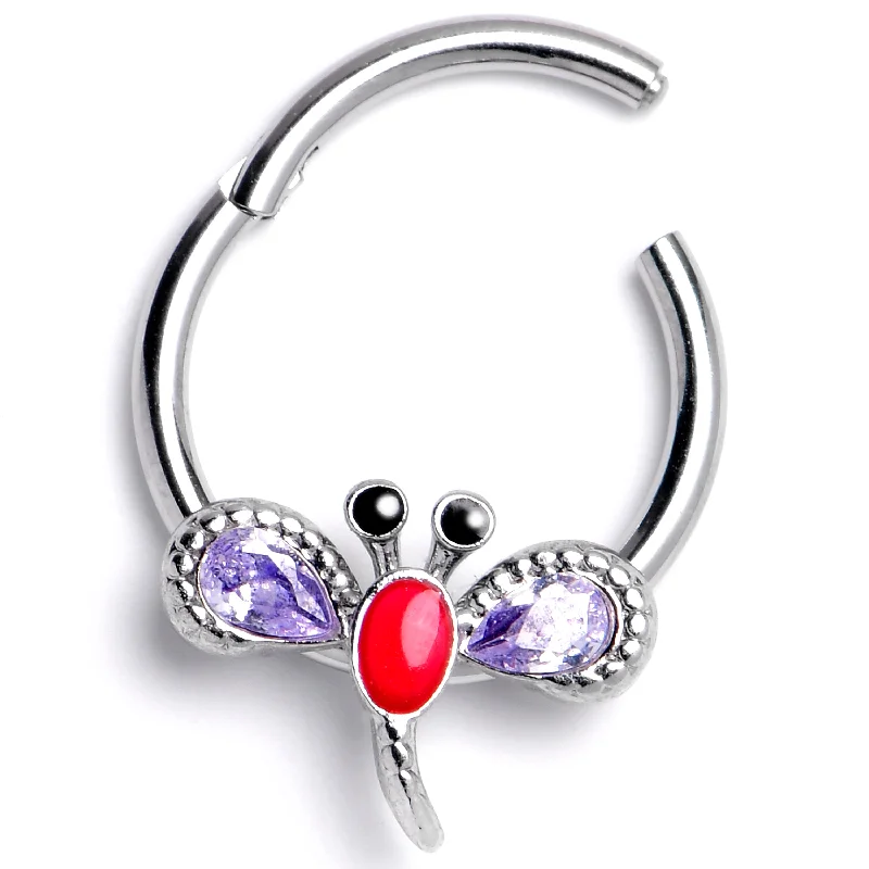 Bold Nose Rings -16 Gauge 3/8 Purple Gem Embellished Dragonfly Hinged Segment Ring