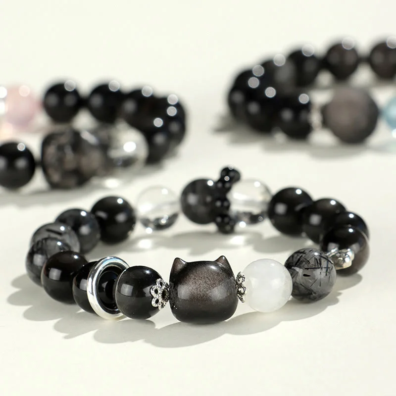 Simple Leather Bracelets for Men-Buddha Stones Natural Silver Sheen Obsidian Cat Head Fox Planet Protection Bracelet Simple Leather Bracelets for Men-Buddha Stones Natural Silver Sheen Obsidian Cat Head Fox Planet Protection Bracelet