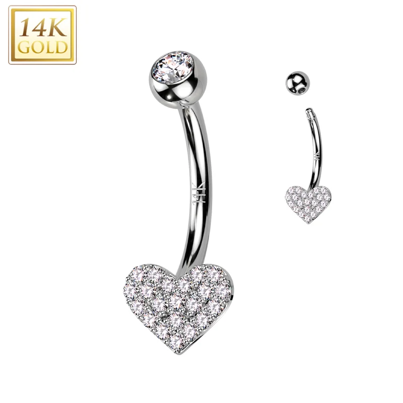 Unique Belly Rings with Sparkling Stones -14kt Solid White Gold Cubic Zirconia Paved Heart Belly Ring Unique Belly Rings with Sparkling Stones -14kt Solid White Gold Cubic Zirconia Paved Heart Belly Ring
