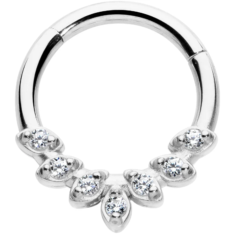 Nose Rings with Crystals -16 Gauge 5/16 Clear CZ Gem Seven Leaf Hinged Segment Ring
