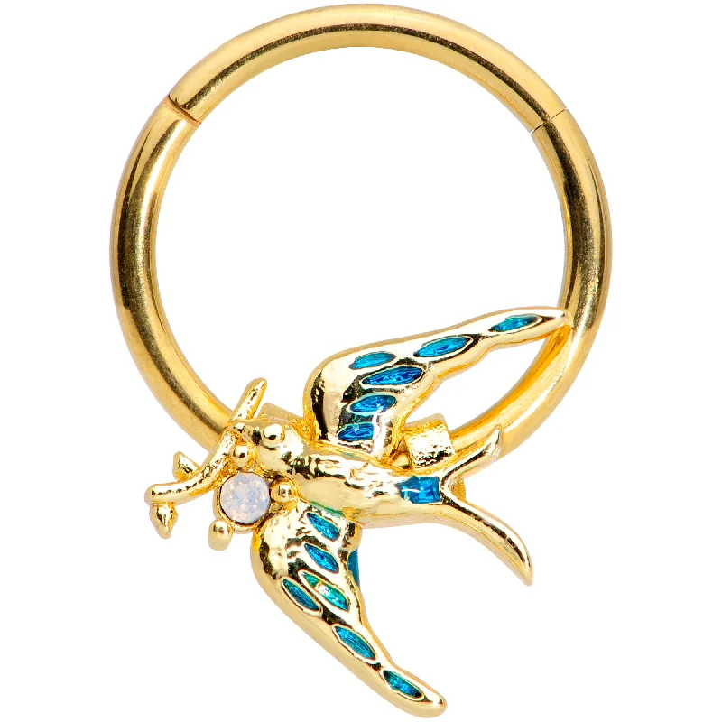 Nose Rings for Special Occasions and More -16 Gauge 3/8 White Faux Opal Gold Hue Swallow Bird Hinged Segment Ring Nose Rings for Special Occasions and More -16 Gauge 3/8 White Faux Opal Gold Hue Swallow Bird Hinged Segment Ring