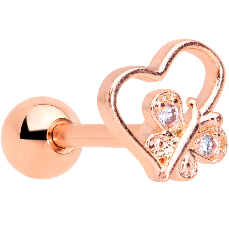 Women's Earrings – Elegant Designs for Every Personality--16 Gauge 1/4 Clear CZ Gem Rose Gold Tone Heart Cartilage Tragus