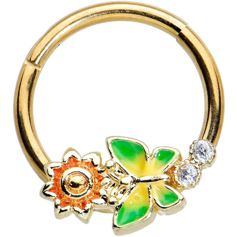 Designer Nose Rings for Unique Look -16 Gauge 3/8 Clear CZ Gem Gold Tone Sun Butterfly Hinged Segment Ring Designer Nose Rings for Unique Look -16 Gauge 3/8 Clear CZ Gem Gold Tone Sun Butterfly Hinged Segment Ring