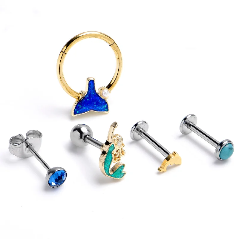 Women's Earrings – Elegant Designs for Every Personality--16 Gauge 3/8 5/16 Blue Gem Nautical Labret BCR Cartilage Curation Set of 5