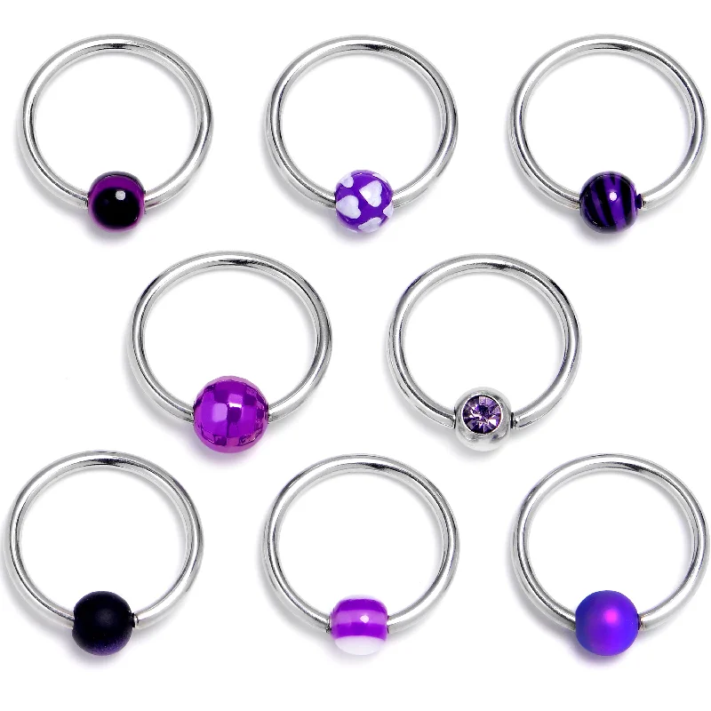 Beautiful Lip Rings with Classic Design16 Gauge 3/8 Purple Gem Mix Blue BCR Captive Ring Set of 8
