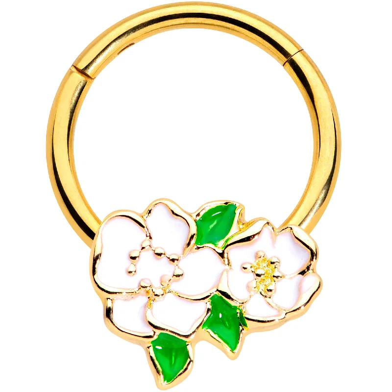 Affordable Nose Rings with Beautiful Stones -16 Gauge 5/16 Gold Tone White Spring Flowers Hinged Segment Ring Affordable Nose Rings with Beautiful Stones -16 Gauge 5/16 Gold Tone White Spring Flowers Hinged Segment Ring