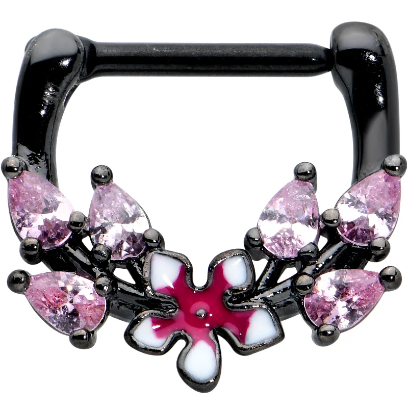 Women's Earrings – Elegant Designs for Every Personality--16 Gauge 5/16 Pink Gem Black Fanciful Flower Cartilage Clicker