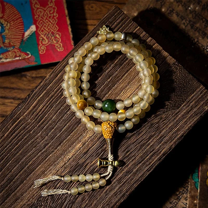 Stylish Chain Bracelets for Men-Buddha Stones Tibet 108 Mala Beads Chinese Zodiac Natal Buddha Natural Sheep Horn Wealth Bracelet