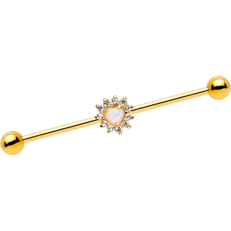 Women's Earrings – Elegant Designs for Every Personality--White Faux Opal Clear CZ Gem Heart Gold PVD Industrial Barbell 38mm
