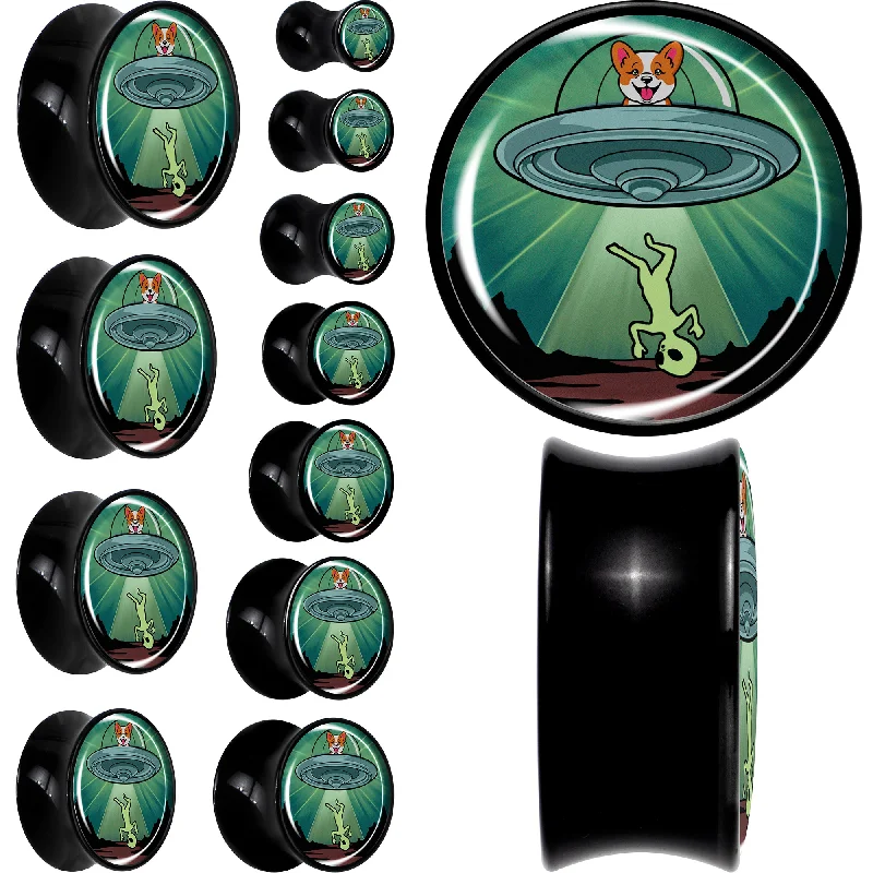 Women's Earrings – Elegant Designs for Every Personality--0 Gauge Reverse Alien UFO Abduction Black Acrylic Saddle Plug Set
