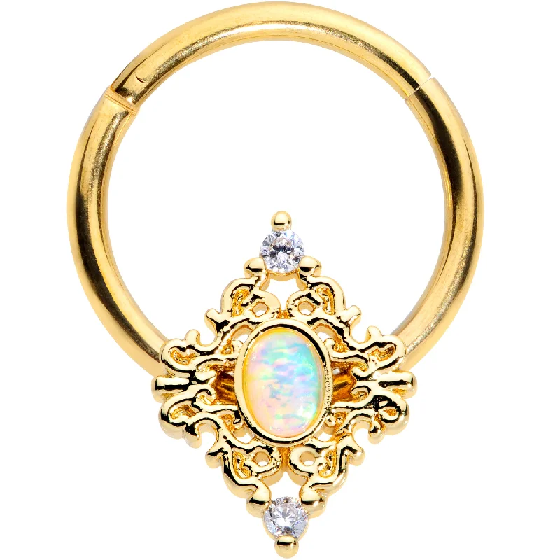 Affordable Nose Rings for Bold Styles -16 Gauge 3/8 White Synthetic Opal Gold Tone Oval Hinged Segment Ring Affordable Nose Rings for Bold Styles -16 Gauge 3/8 White Synthetic Opal Gold Tone Oval Hinged Segment Ring