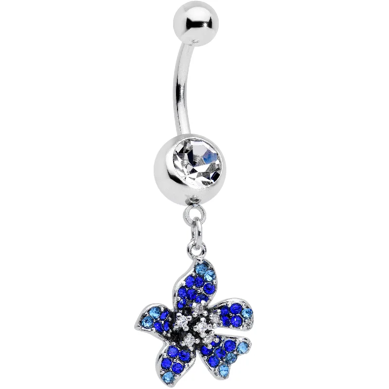Unique Belly Rings with Shiny Detailing -Clear Blue Gem Evening Flower Dangle Belly Ring Unique Belly Rings with Shiny Detailing -Clear Blue Gem Evening Flower Dangle Belly Ring