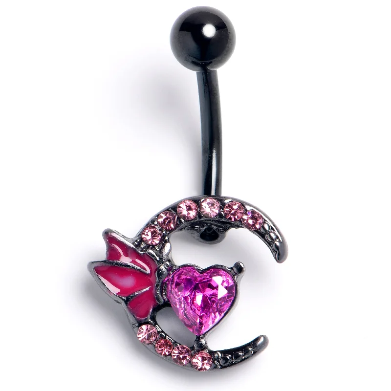 Comfortable Belly Rings with Bold Detailing -Pink Gem Black Butterfly Moon Heart Belly Ring Comfortable Belly Rings with Bold Detailing -Pink Gem Black Butterfly Moon Heart Belly Ring