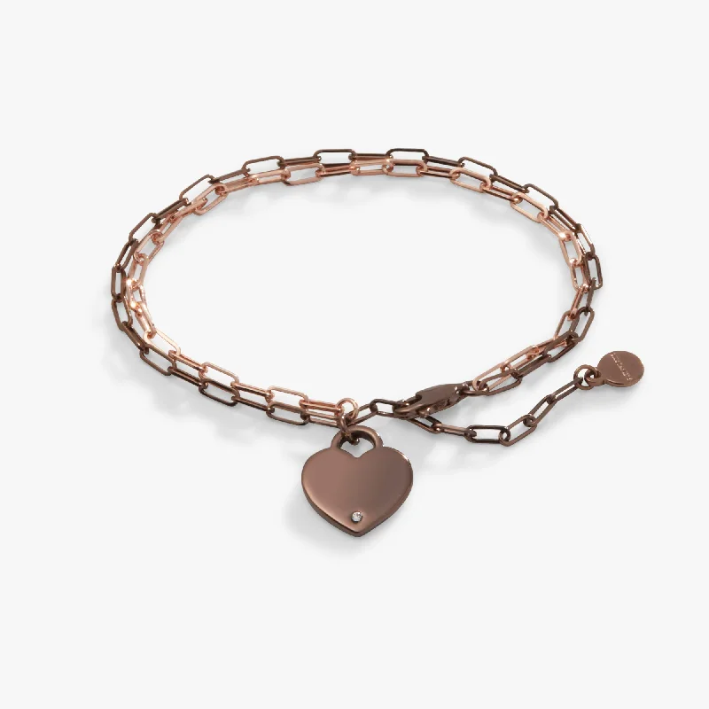 Women's Personalized Bangles for Unique Gifts-Heart Charm Double Paperclip Chocolate & Gold Chain Bracelet Women's Personalized Bangles for Unique Gifts-Heart Charm Double Paperclip Chocolate & Gold Chain Bracelet