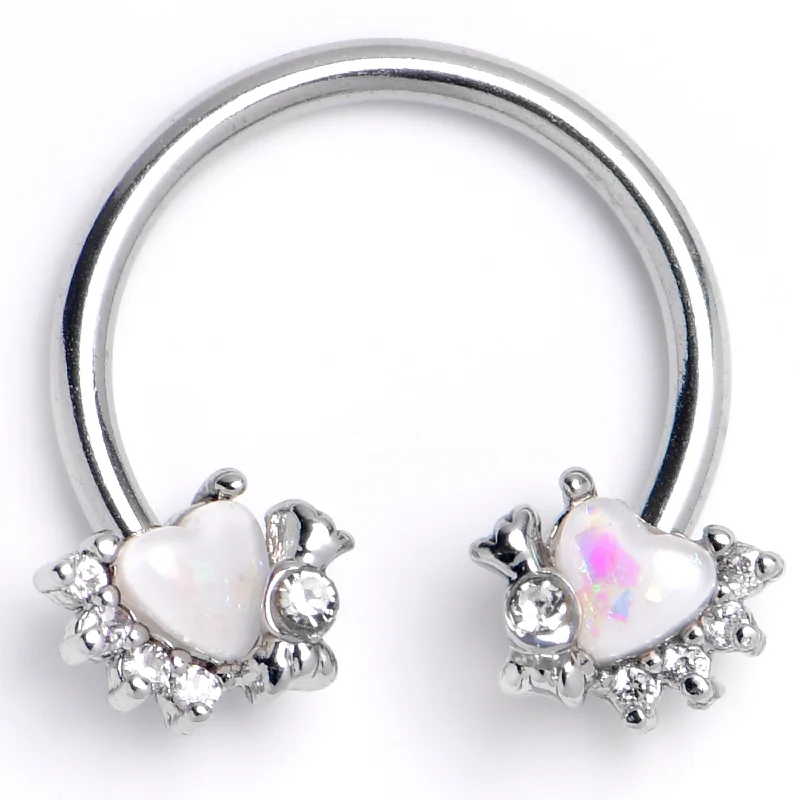 Women's Earrings – Elegant Designs for Every Personality--16 Gauge 3/8 White Faux Opal Sunny Heart Horseshoe Circular Barbell