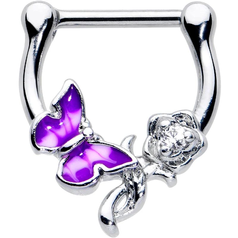 Women's Earrings – Elegant Designs for Every Personality--16 Gauge 5/6 Clear Gem Butterfly Rose Flower Purple Cartilage Clicker