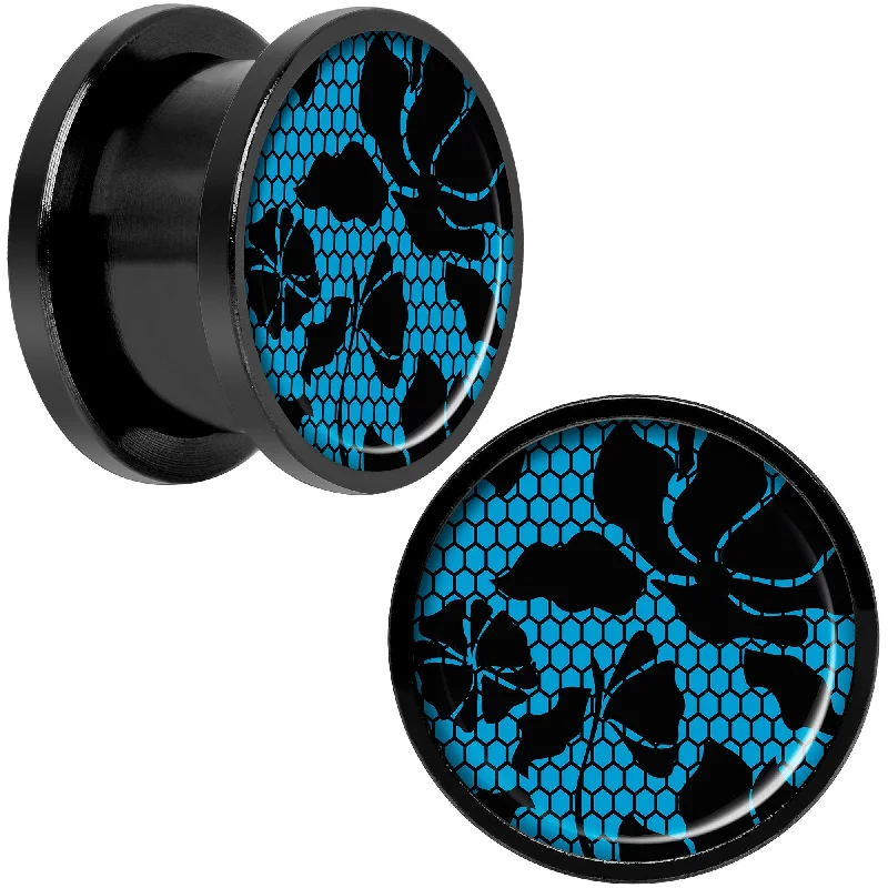 Women's Earrings – Elegant Designs for Every Personality--Blue Floral Lace Black Anodized Screw Fit Plug Set 9/16 Women's Earrings – Elegant Designs for Every Personality--Blue Floral Lace Black Anodized Screw Fit Plug Set 9/16