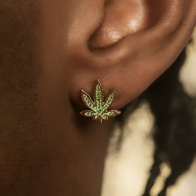Shop Durable Men's Earrings for Everyday Wear-Emerald Weed Leaf Stud Earrings