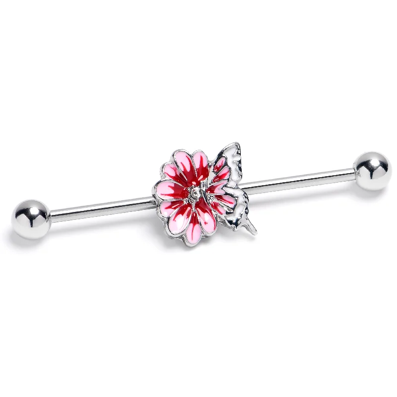 Women's Earrings – Elegant Designs for Every Personality--14 Gauge Clear CZ Gem Butterfly Blossom Pink Industrial Barbell 38mm Women's Earrings – Elegant Designs for Every Personality--14 Gauge Clear CZ Gem Butterfly Blossom Pink Industrial Barbell 38mm