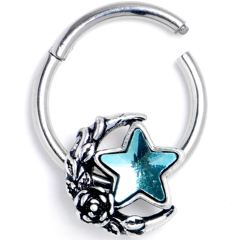 Women's Earrings – Elegant Designs for Every Personality--16 Gauge 3/8 Blue Gem Ornate Moon Star Hinged Segment Ring Women's Earrings – Elegant Designs for Every Personality--16 Gauge 3/8 Blue Gem Ornate Moon Star Hinged Segment Ring