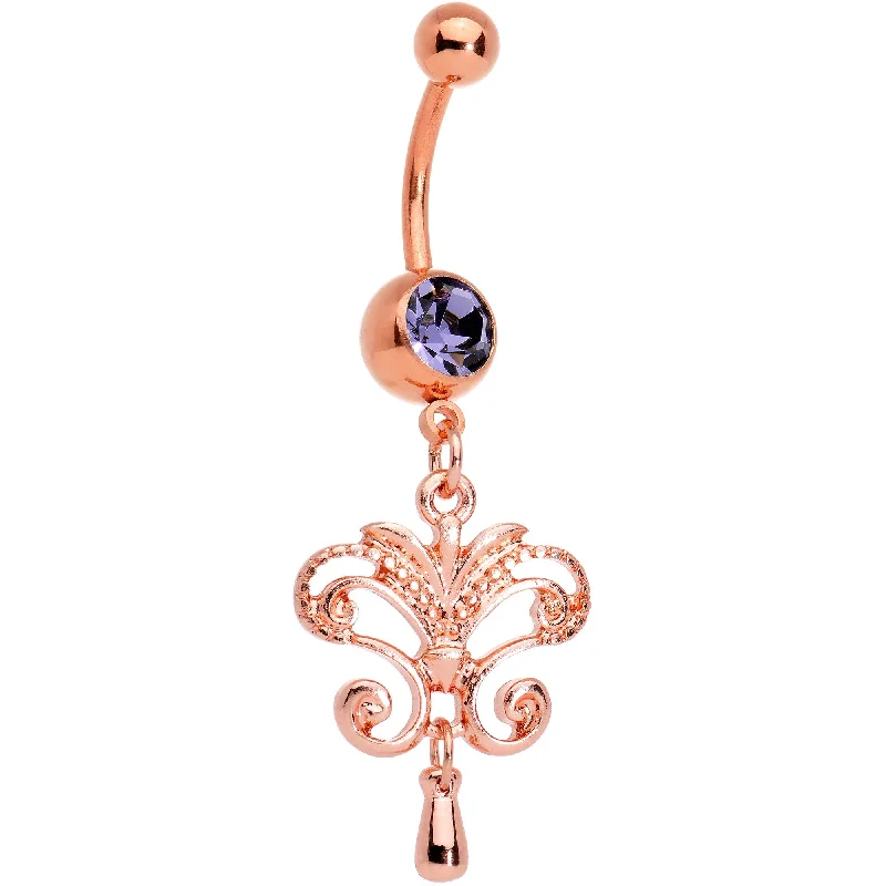 Silver Belly Rings for Classic Look -Purple Gem Rose Gold Tone Anodized Chandelier Double Dangle Belly Ring Silver Belly Rings for Classic Look -Purple Gem Rose Gold Tone Anodized Chandelier Double Dangle Belly Ring
