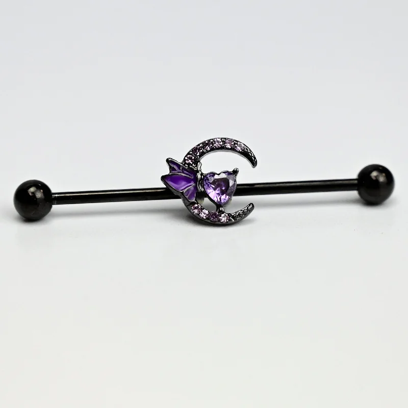 Women's Earrings – Elegant Designs for Every Personality--14 Gauge Purple Gem Black Moon Butterfly Heart Industrial Barbell 38mm
