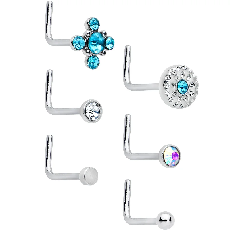 Trendy Nose Rings for Edgy Fashion -20 Gauge 1/4 Aurora Blue CZ Gem Flower L Shape Nose Ring Set of 6 Trendy Nose Rings for Edgy Fashion -20 Gauge 1/4 Aurora Blue CZ Gem Flower L Shape Nose Ring Set of 6
