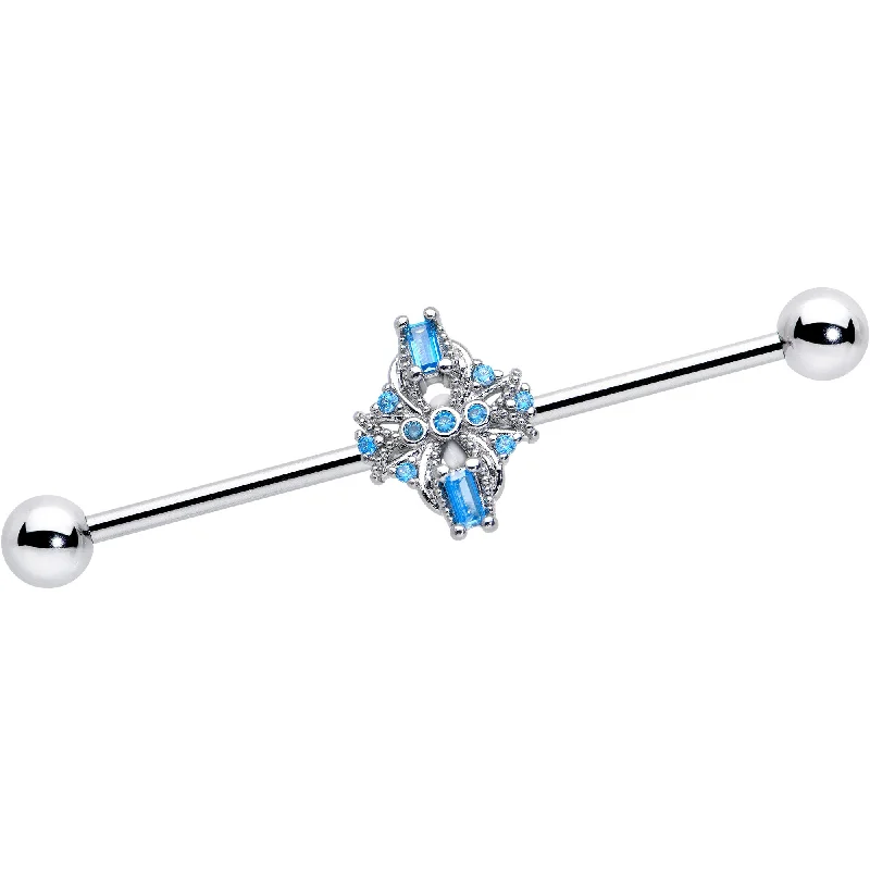 Women's Earrings – Elegant Designs for Every Personality--14 Gauge Blue CZ Gem Opulent Cross Industrial Barbell 38mm