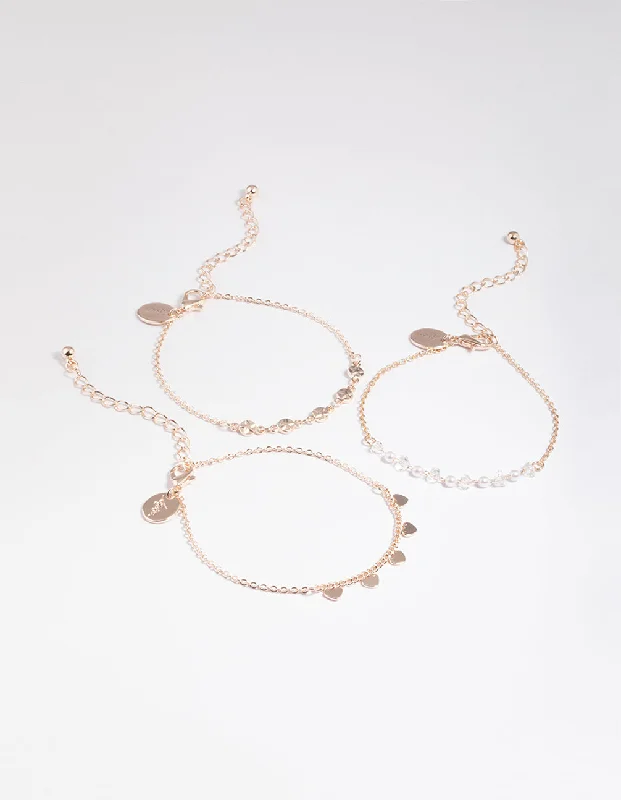 Bangle Sets for Women with Multiple Colors-Rose Gold Disc, Pearl & Heart Charm Bracelet Pack