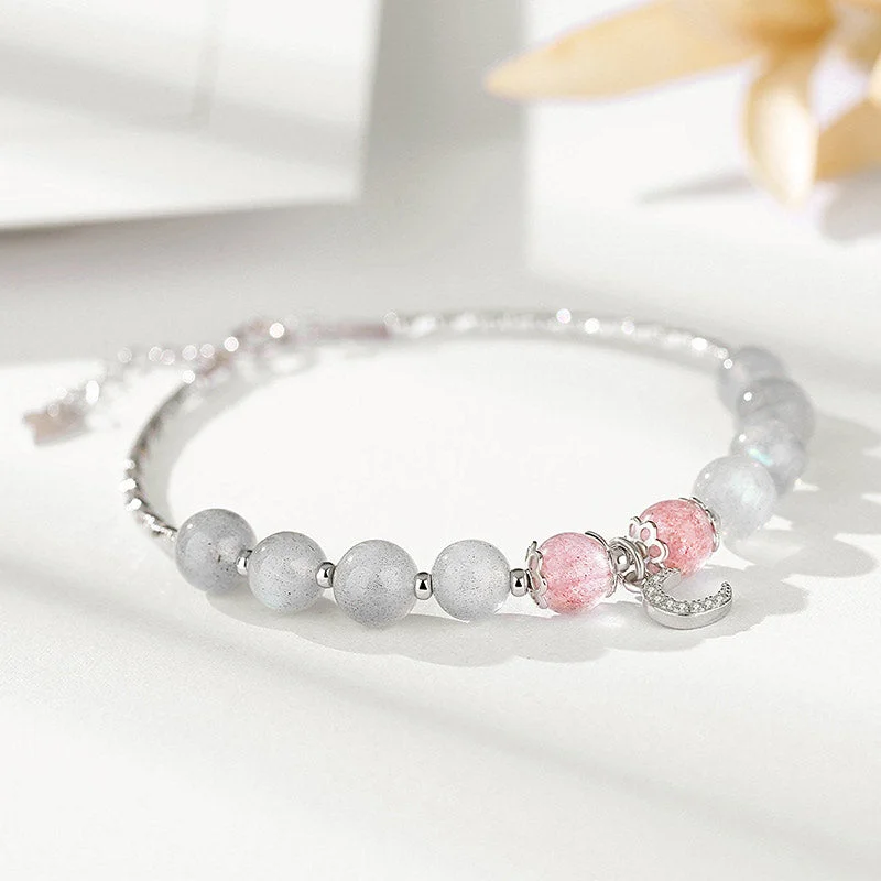 Thin Silver Bangles for Women-Buddha Stones Strawberry Quartz Moonstone Luck Moon Charm Bracelet