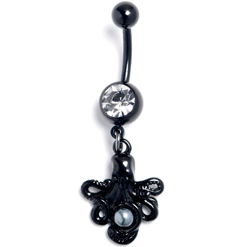 Comfortable Belly Rings for All-Day Comfort -Clear Gem Black Faux Peal Treasure Octopus Dangle Belly Ring Comfortable Belly Rings for All-Day Comfort -Clear Gem Black Faux Peal Treasure Octopus Dangle Belly Ring