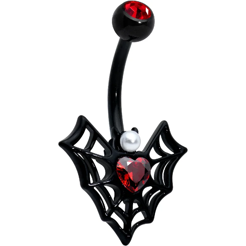 Trendy Belly Rings for Statement Designs -Red Gem Black Gothic Bat Heart Belly Ring