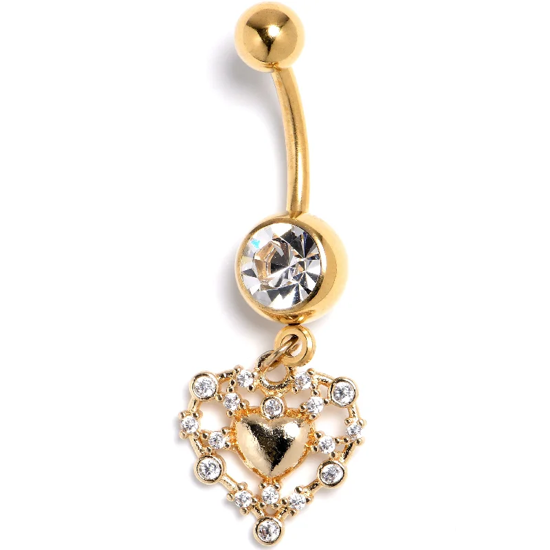 Stylish Belly Rings for Bold Fashion Choices -Clear CZ Gem Gold Tone Heart Duo Dangle Belly Ring Stylish Belly Rings for Bold Fashion Choices -Clear CZ Gem Gold Tone Heart Duo Dangle Belly Ring