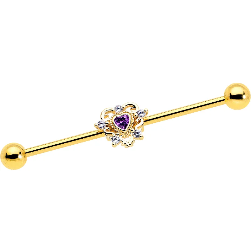 Women's Earrings – Elegant Designs for Every Personality--14 Gauge Purple CZ Gem Gold Tone Heart of Love Industrial Barbell 38mm