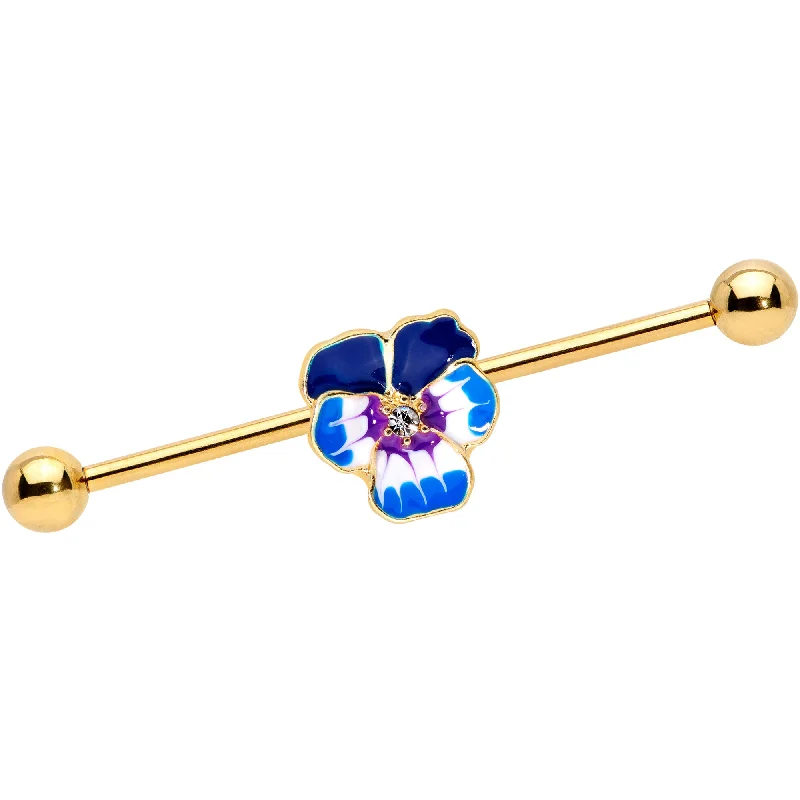 Women's Earrings – Elegant Designs for Every Personality--14 Gauge Clear Gem Gold Hue Blue Spring Flower Industrial Barbell 38mm Women's Earrings – Elegant Designs for Every Personality--14 Gauge Clear Gem Gold Hue Blue Spring Flower Industrial Barbell 38mm