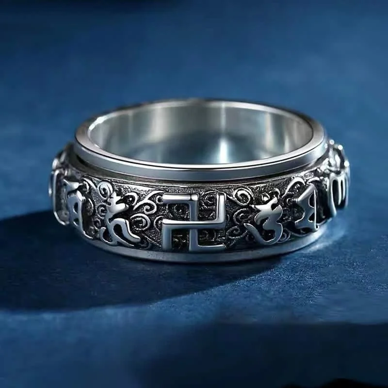 Chic Women's Rings for Fashion-Forward Looks-Buddha Stones Six True Words Swastika Copper Healing Rotatable Ring Chic Women's Rings for Fashion-Forward Looks-Buddha Stones Six True Words Swastika Copper Healing Rotatable Ring