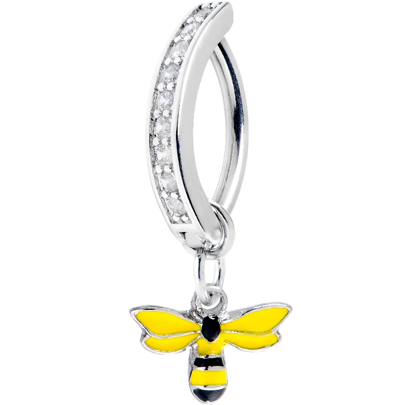 Comfortable Belly Rings for Easy Wear -14 Gauge 3/8 Clear Gem Grade 23 Titanium Bee Dangle Hinged Hoop Belly Ring