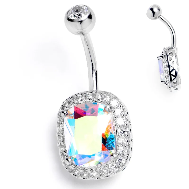 Unique Belly Rings for Creative Piercings -Clear Aurora CZ Gem Rococo Square Belly Ring Unique Belly Rings for Creative Piercings -Clear Aurora CZ Gem Rococo Square Belly Ring