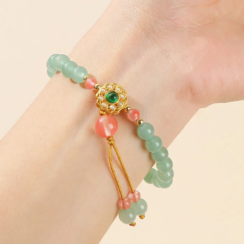 Thin Gemstone Bangles for Women-Buddha Stones Green Aventurine Luck Bead Tassel Bracelet