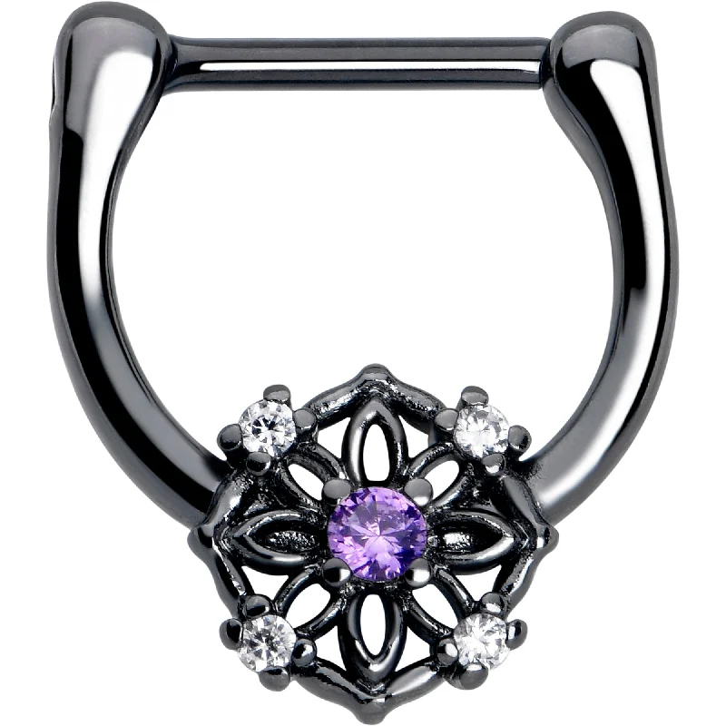 Timeless Nose Rings with Unique Appeal -16 Gauge 5/16 Purple Clear CZ Gem Black Flower Ring Cartilage Clicker Timeless Nose Rings with Unique Appeal -16 Gauge 5/16 Purple Clear CZ Gem Black Flower Ring Cartilage Clicker